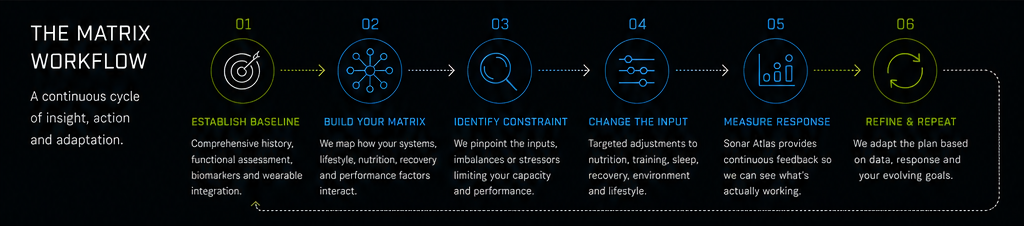The Matrix Workflow: establish baseline, build your matrix, identify constraint, change the input, measure response, refine and repeat